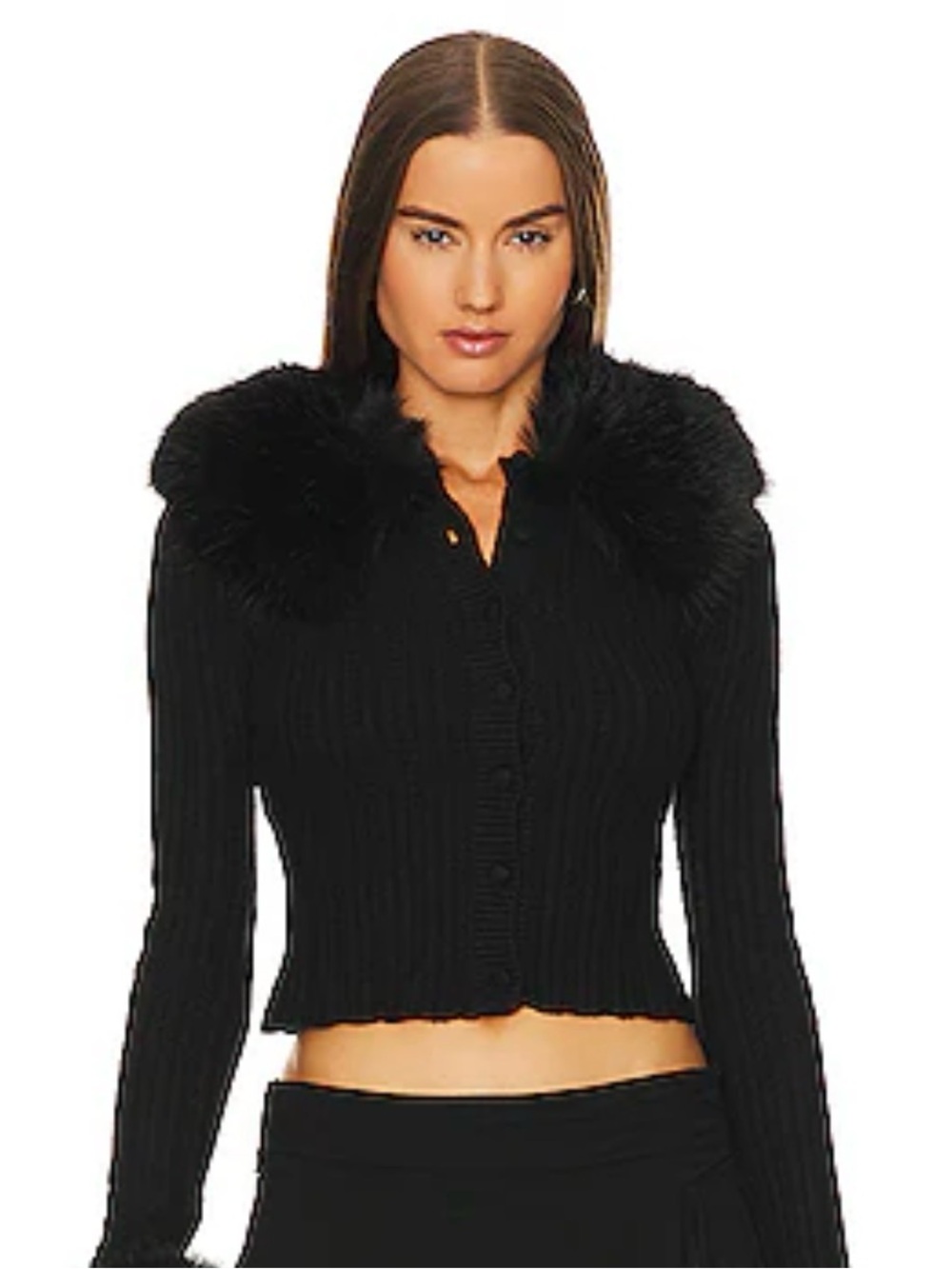 🪞🖤Black Faux-Fur Collared Trim Ribbed Button Sweater/Worn Once! XS🖤🪞